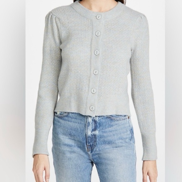 Wayf Sweaters - WAYF NWOT Jude Pointelle Puff Shoulder Cropped Heather Blue Gold Cardigan, Sz S